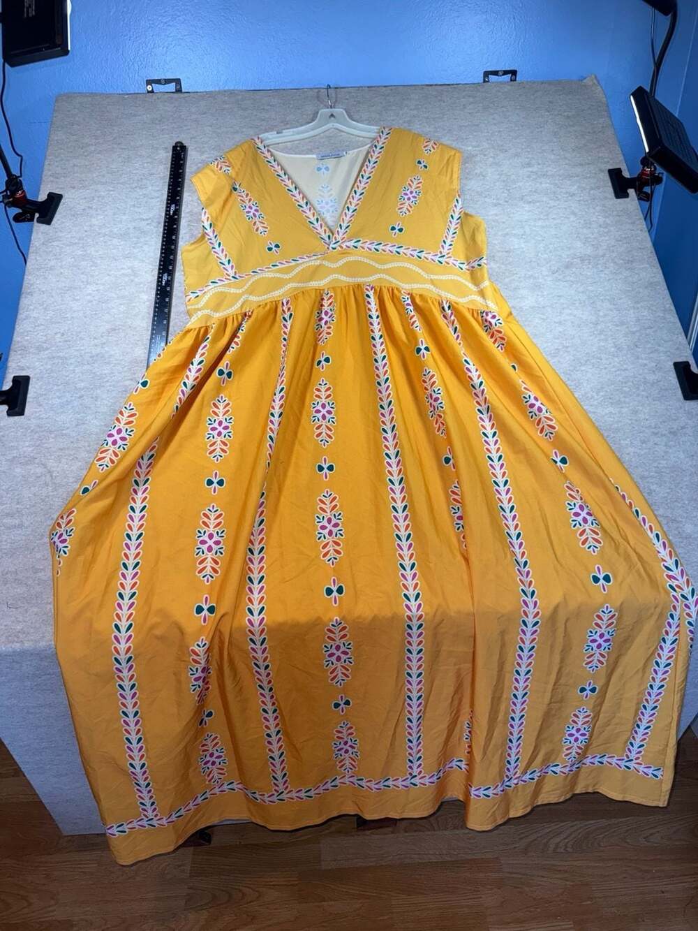 Misslook Womens 4X Yellow Floral Folk Print Maxi Dress Sleeveless V Neck Boho